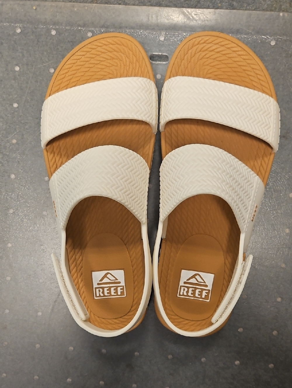 Reef White and Tan Dual-Strap Slide Sandals